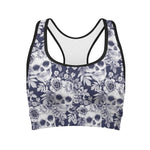 White Blue Skull Floral Pattern Print Women's Sports Bra