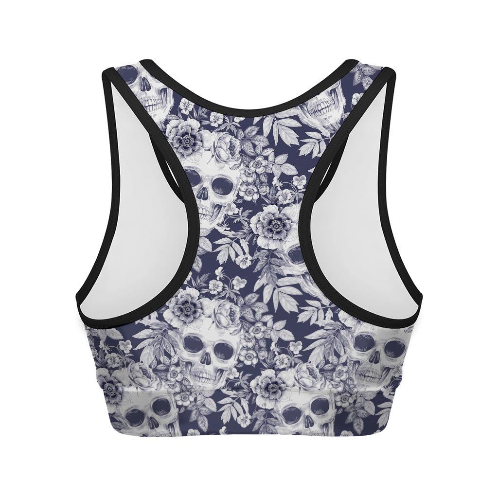 White Blue Skull Floral Pattern Print Women's Sports Bra