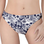 White Blue Skull Floral Pattern Print Women's Thong