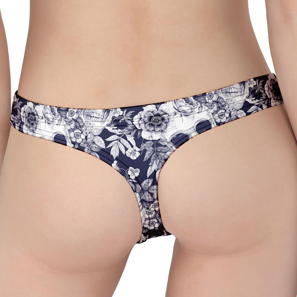 White Blue Skull Floral Pattern Print Women's Thong