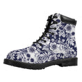White Blue Skull Floral Pattern Print Padded Collar Lace Up Boots