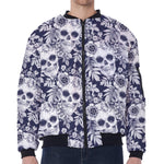 White Blue Skull Floral Pattern Print Zip Sleeve Bomber Jacket