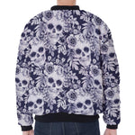 White Blue Skull Floral Pattern Print Zip Sleeve Bomber Jacket