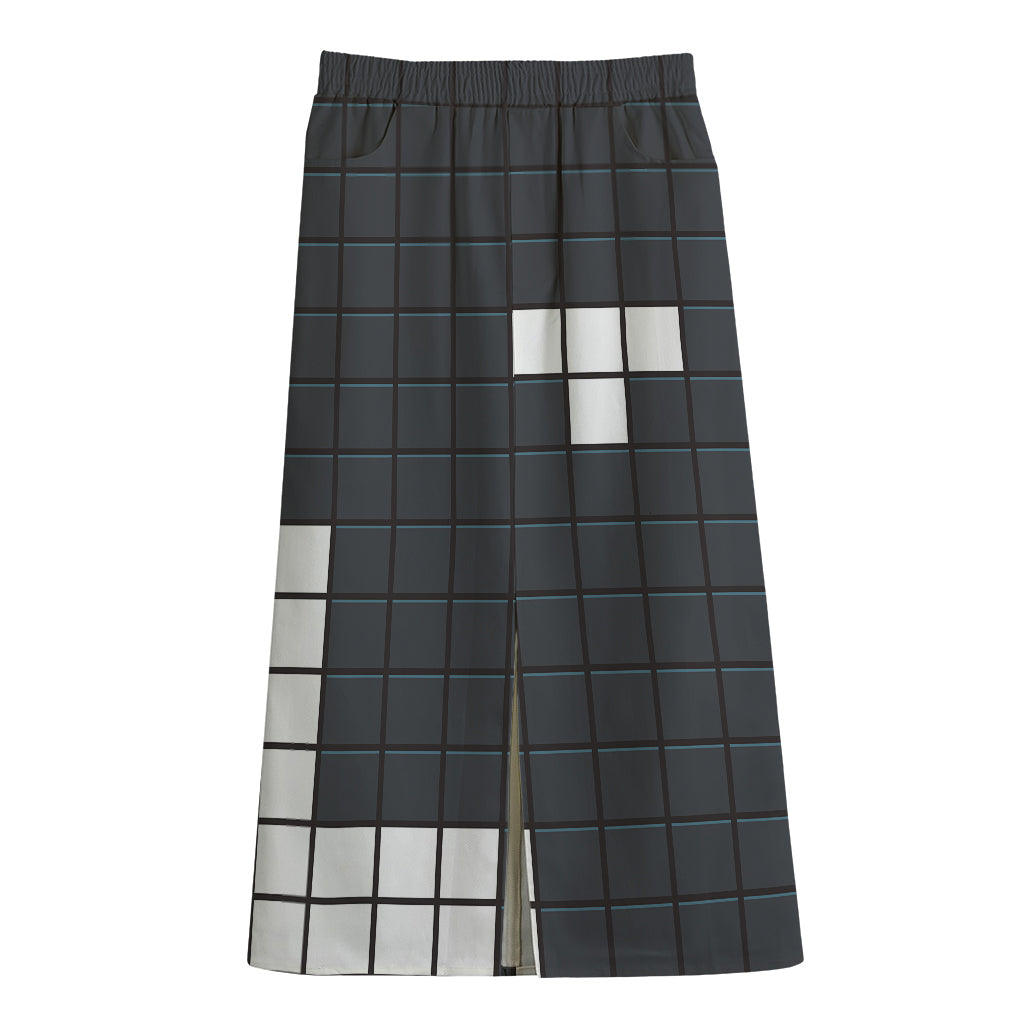 White Brick Puzzle Video Game Print Cotton Front Slit Maxi Skirt