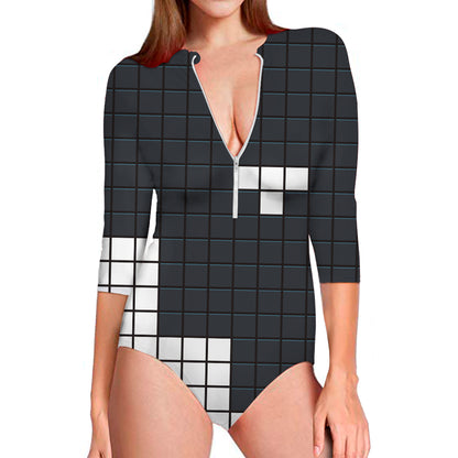 White Brick Puzzle Video Game Print Long Sleeve Swimsuit