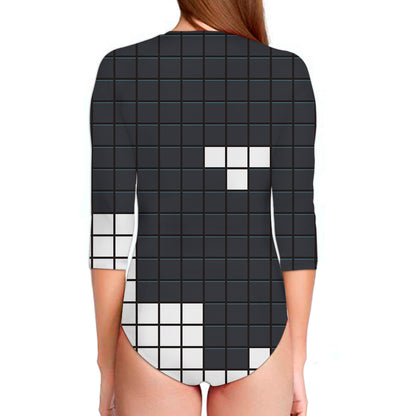 White Brick Puzzle Video Game Print Long Sleeve Swimsuit