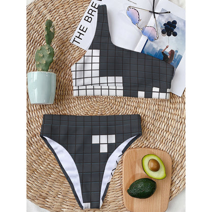 White Brick Puzzle Video Game Print One Shoulder Bikini Top