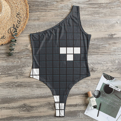 White Brick Puzzle Video Game Print One Shoulder Bodysuit
