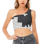 White Brick Puzzle Video Game Print One Shoulder Crop Top
