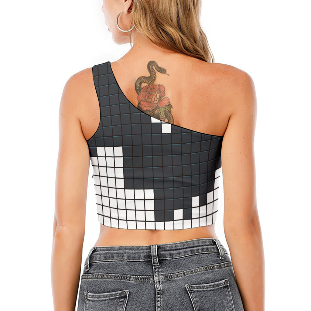 White Brick Puzzle Video Game Print One Shoulder Crop Top