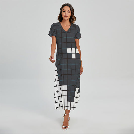 White Brick Puzzle Video Game Print Short Sleeve Maxi Dress
