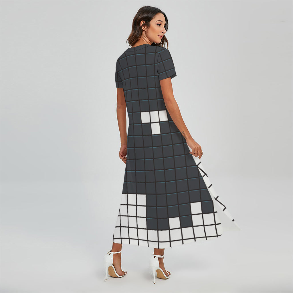 White Brick Puzzle Video Game Print Short Sleeve Maxi Dress