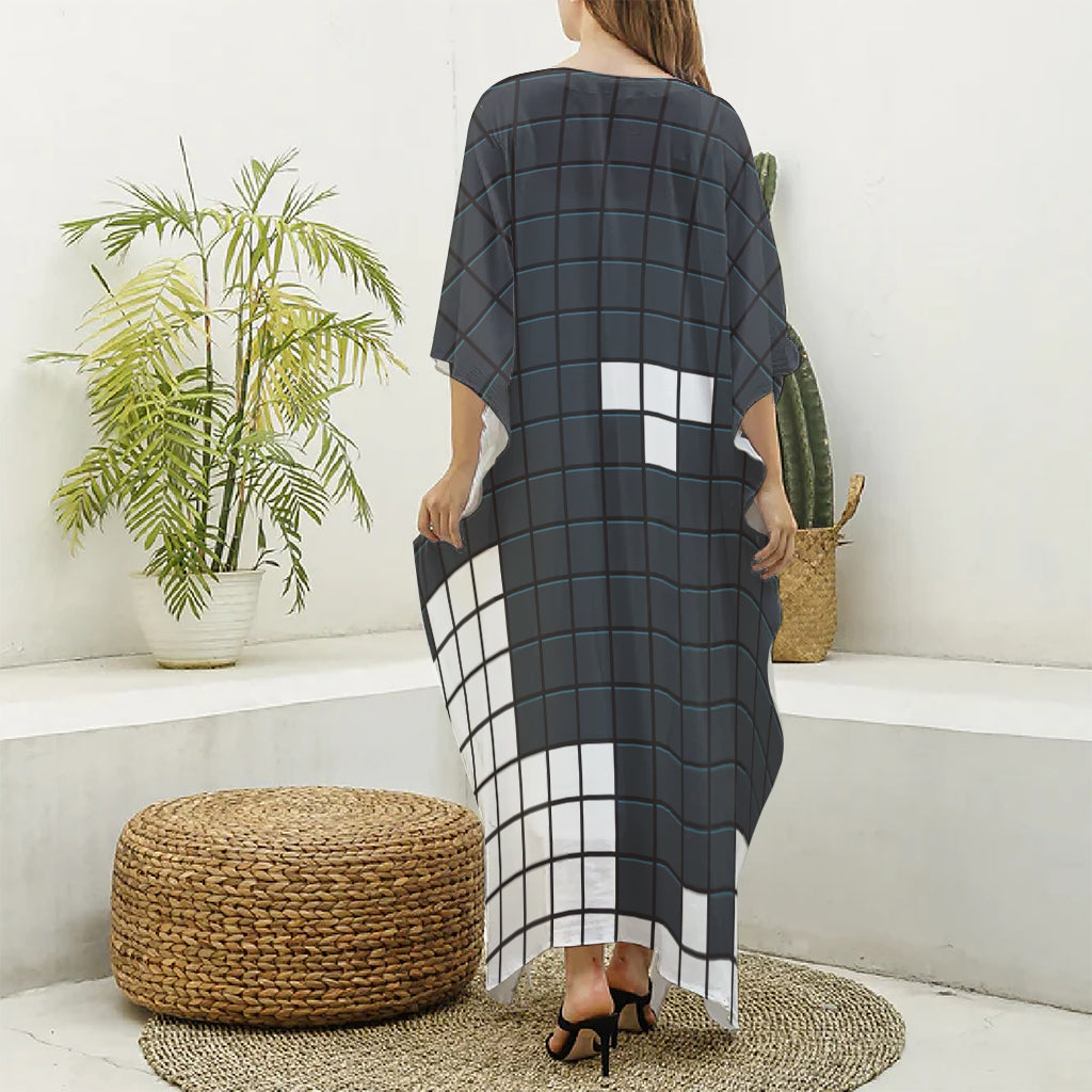 White Brick Puzzle Video Game Print Silk V-Neck Kaftan Dress