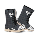 White Brick Puzzle Video Game Print Winter Boots