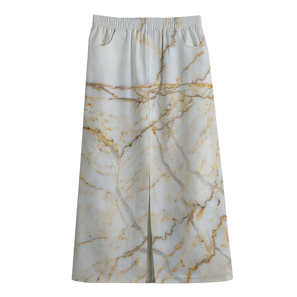 White Brown Grunge Marble Print Cotton Front Slit Maxi Skirt