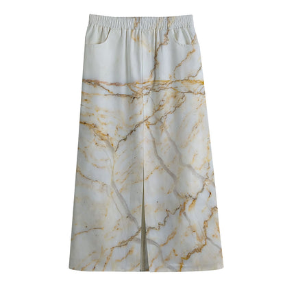 White Brown Grunge Marble Print Cotton Front Slit Maxi Skirt