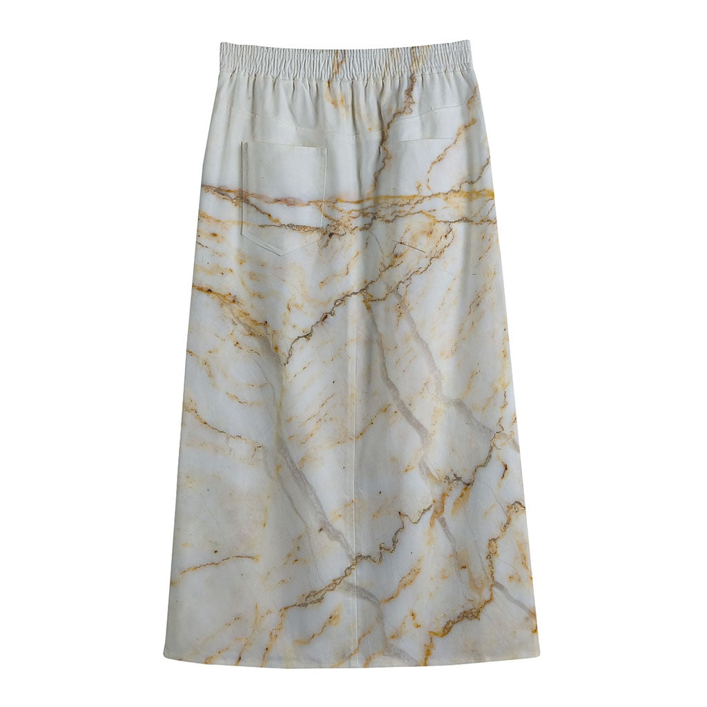White Brown Grunge Marble Print Cotton Front Slit Maxi Skirt