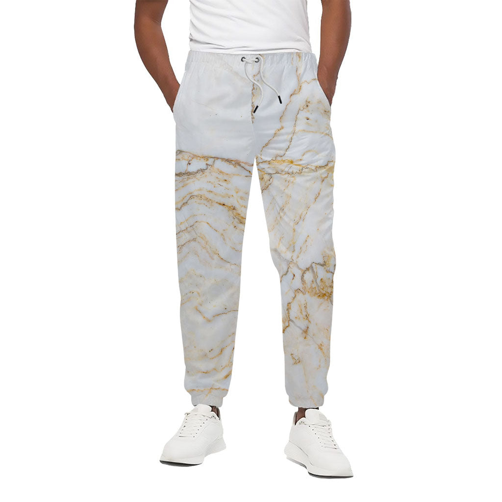White Brown Grunge Marble Print Cotton Pants