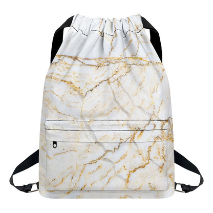 White Brown Grunge Marble Print Drawstring Backpack