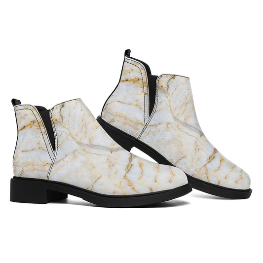 White Brown Grunge Marble Print Flat Ankle Boots