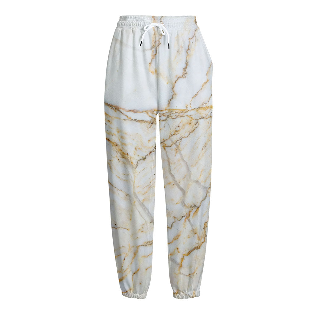 White Brown Grunge Marble Print Fleece Lined Knit Pants