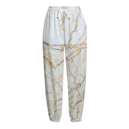 White Brown Grunge Marble Print Fleece Lined Knit Pants