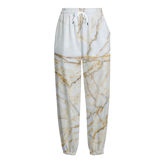 White Brown Grunge Marble Print Fleece Lined Knit Pants