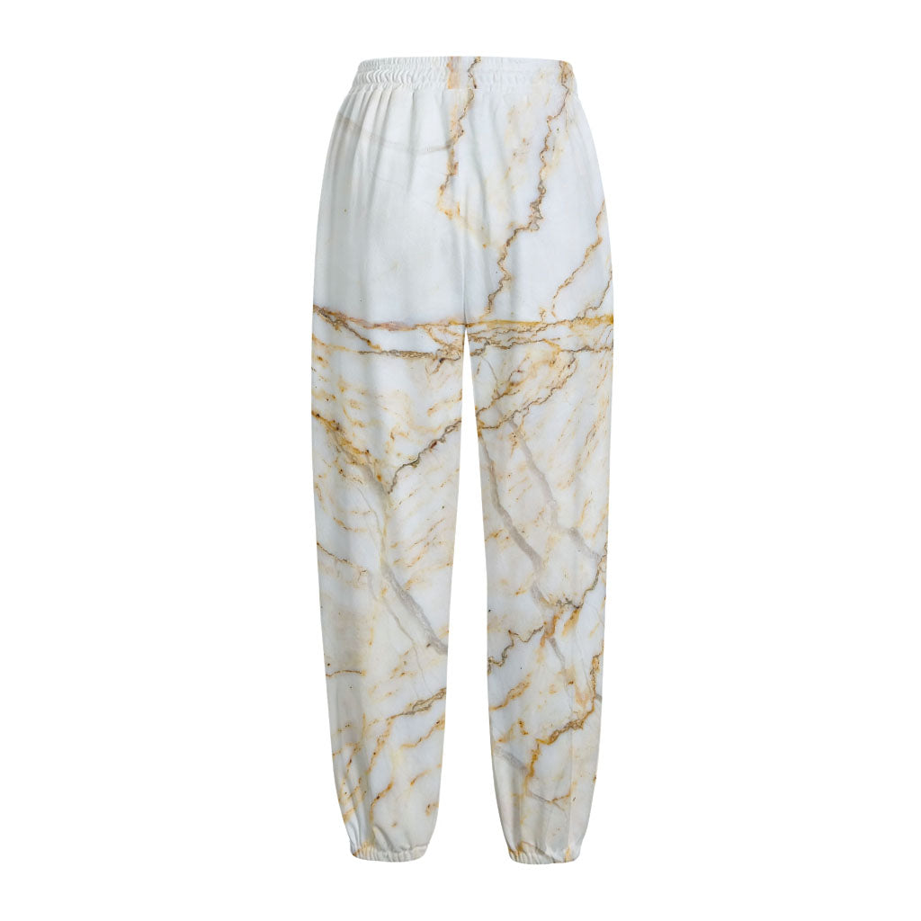 White Brown Grunge Marble Print Fleece Lined Knit Pants