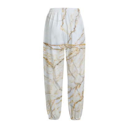 White Brown Grunge Marble Print Fleece Lined Knit Pants