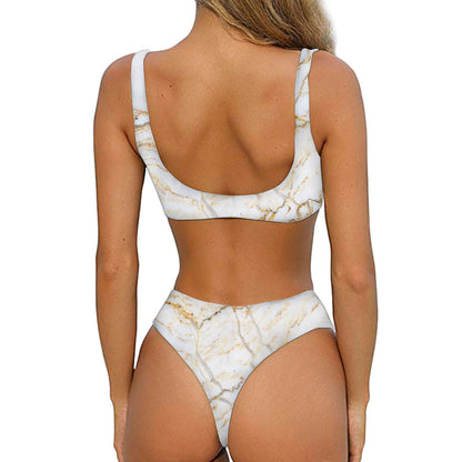 White Brown Grunge Marble Print Front Bow Tie Bikini