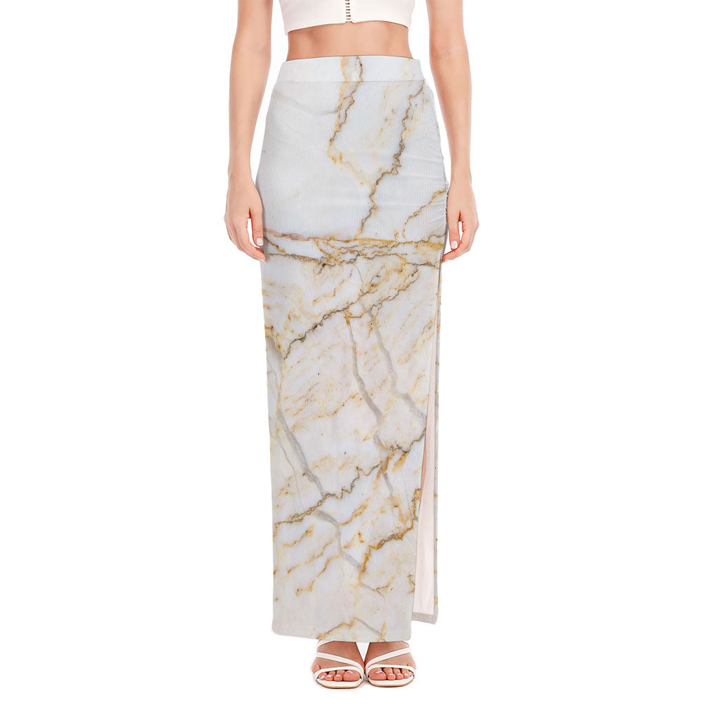 White Brown Grunge Marble Print High Slit Maxi Skirt