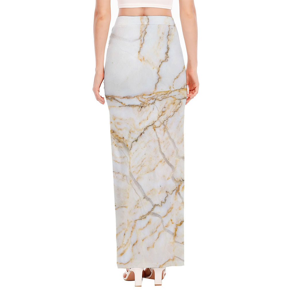 White Brown Grunge Marble Print High Slit Maxi Skirt