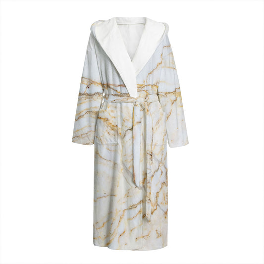 White Brown Grunge Marble Print Hooded Bathrobe