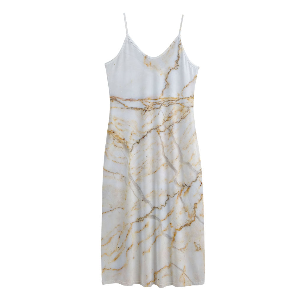 White Brown Grunge Marble Print Jersey Midi Cami Dress