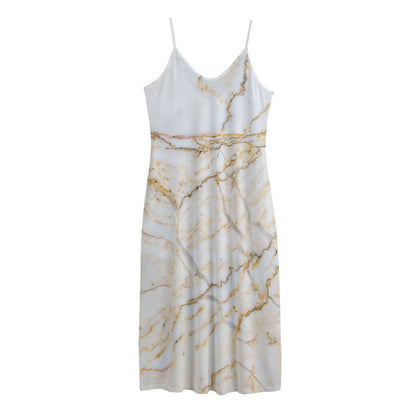 White Brown Grunge Marble Print Jersey Midi Cami Dress