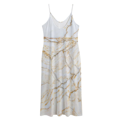 White Brown Grunge Marble Print Jersey Midi Cami Dress