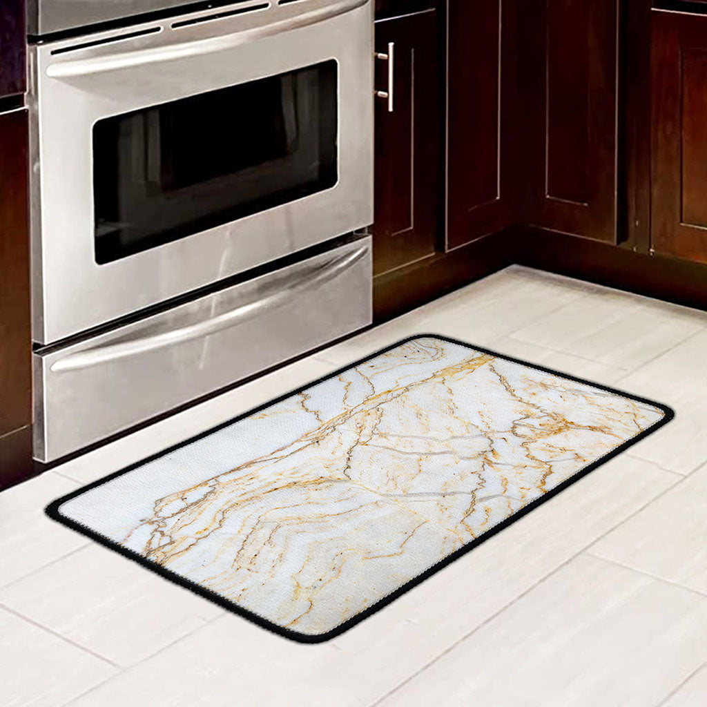 White Brown Grunge Marble Print Kitchen Mat