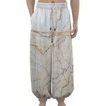 White Brown Grunge Marble Print Lantern Pants