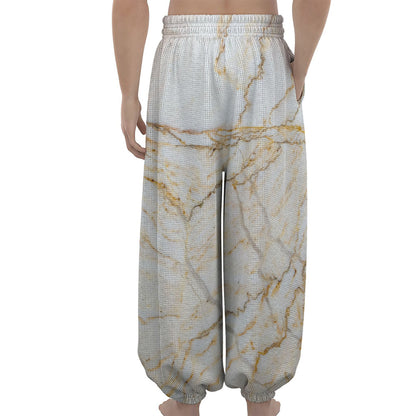 White Brown Grunge Marble Print Lantern Pants