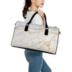 White Brown Grunge Marble Print Leather Duffle Bag