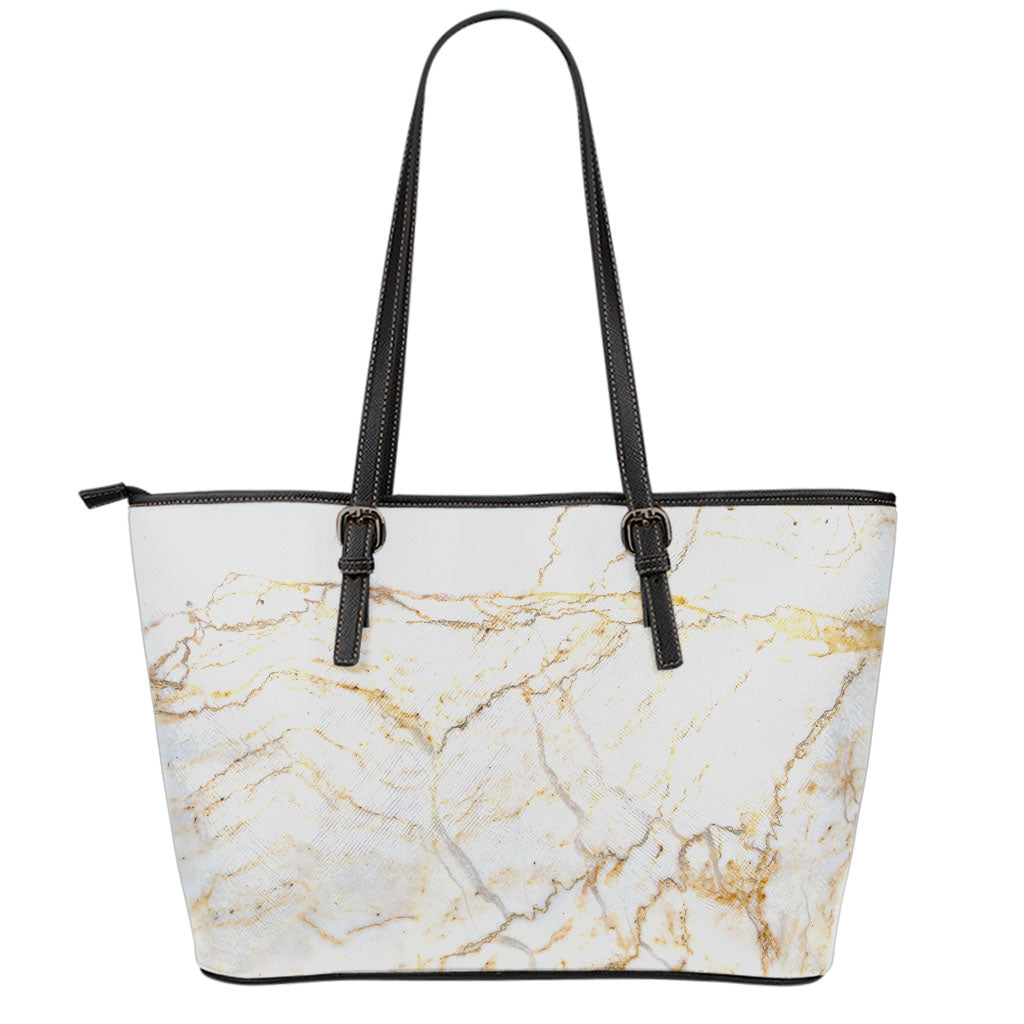 White Brown Grunge Marble Print Leather Tote Bag