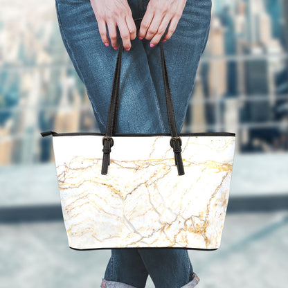 White Brown Grunge Marble Print Leather Tote Bag