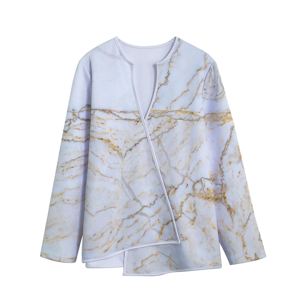 White Brown Grunge Marble Print Long Sleeve Short Coat