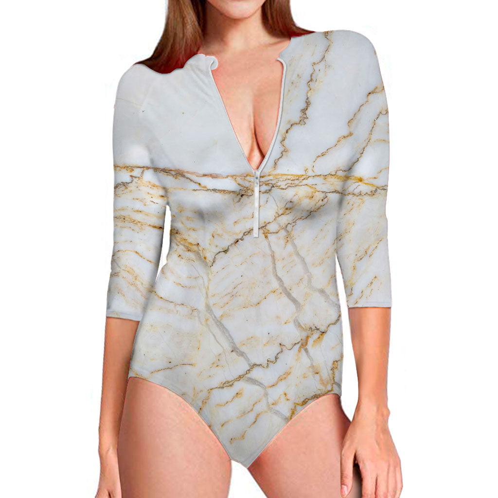 White Brown Grunge Marble Print Long Sleeve Swimsuit