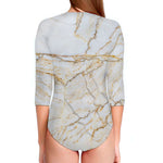 White Brown Grunge Marble Print Long Sleeve Swimsuit