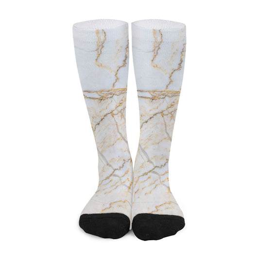 White Brown Grunge Marble Print Long Socks