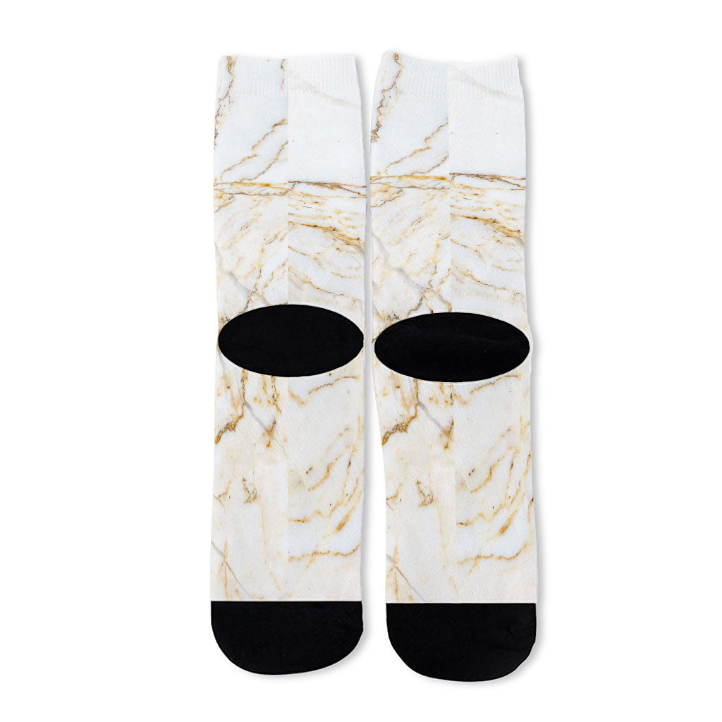 White Brown Grunge Marble Print Long Socks
