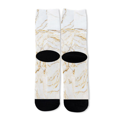 White Brown Grunge Marble Print Long Socks