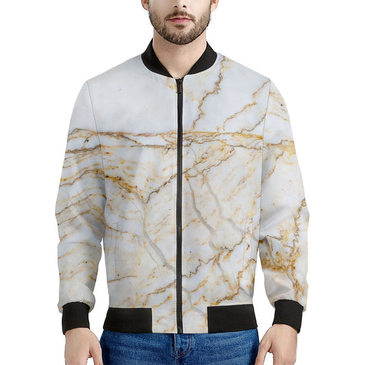 White Brown Grunge Marble Print Men's Bomber Jacket