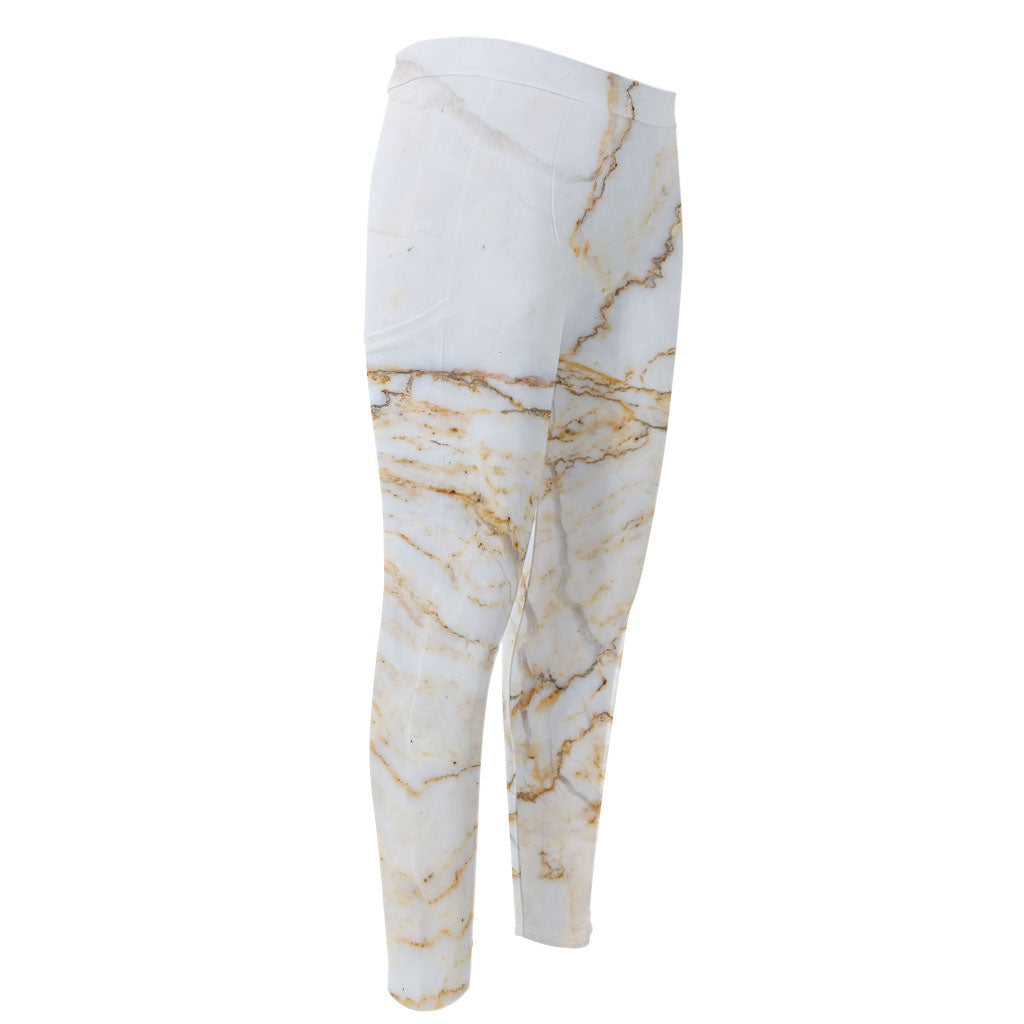 White Brown Grunge Marble Print Men's Compression Pants